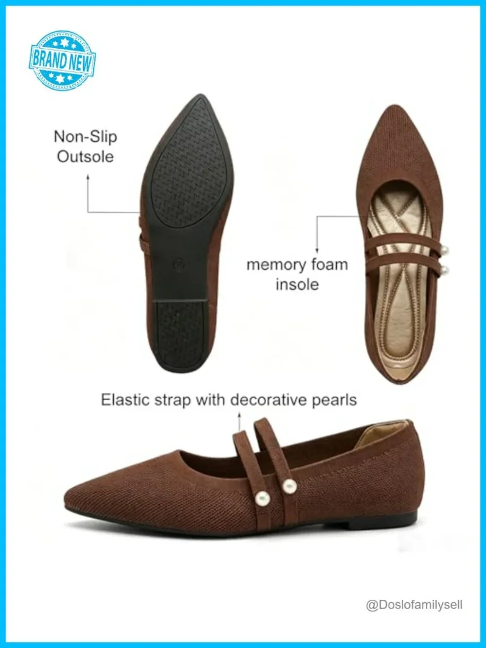 Pointed Toe Mary Jane Ballet Flats Pearl Strap Memory Foam Knit